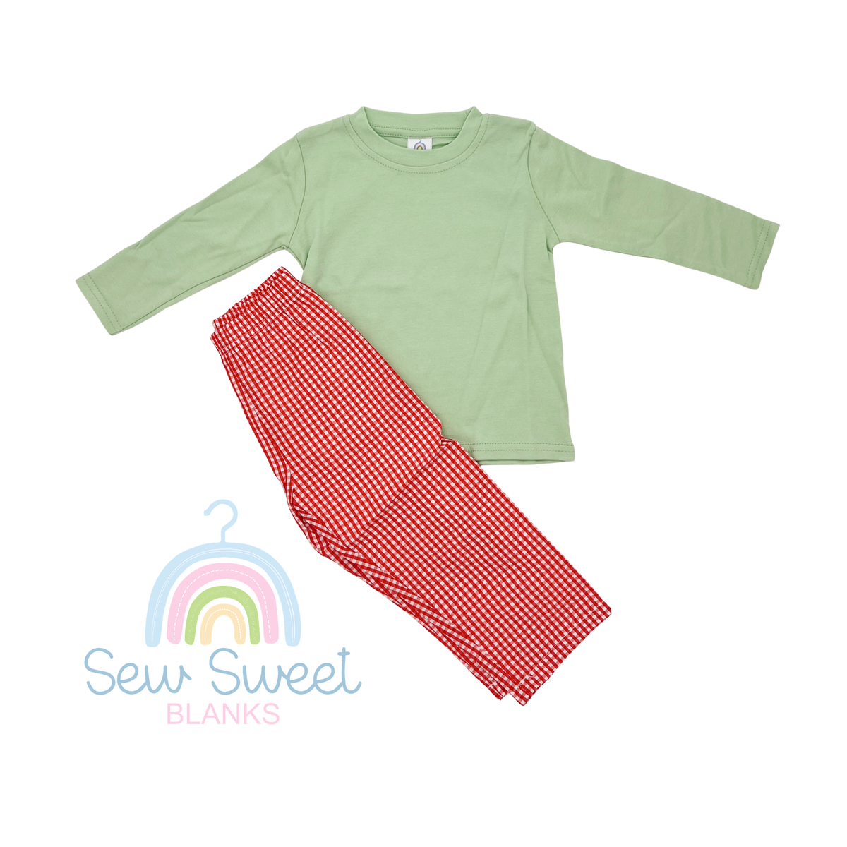 BOY SAGE SHIRT AND RED GINGHAM PANT SET