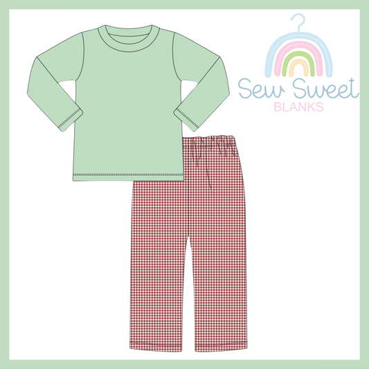 BOY SAGE SHIRT AND RED GINGHAM PANT SET