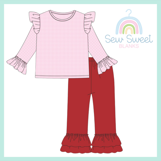 PINK GIRL RUFFLE LONG SLEEVE SHIRT AND RED PANTS